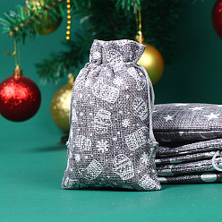 Dark Gray Christmas Theme Linenette Drawstring Bags, Rectangle with Christmas Sock Pattern, Dark Gray, 18x13cm