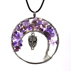 Amethyst Natural Amethyst Chips Tree of Life Pendant Necklaces, Brass Owl Necklace with Wax Ropes, 19.69 inch(50cm)
