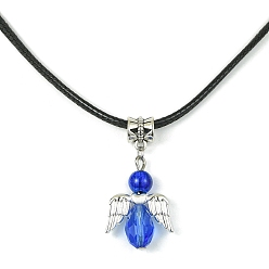 Royal Blue Angel Shape Alloy with Glass Pendant Necklaces, with Imitation Leather Cords, Royal Blue, 17.32 inch(44cm)