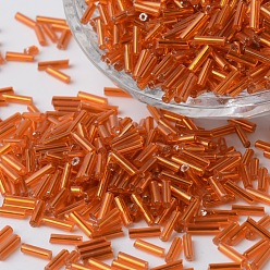 Orange Red Silver Lined Glass Bugle Beads, Round Hole, Orange Red, 6~7x1.5~2mm, Hole: 0.5mm, about 12500pcs/bag