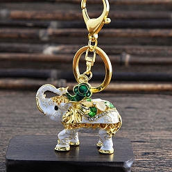 White Elephant Alloy Enamel & Rhinestone Pendant Keychains, with Key Ring for Bag Car Key Pendant Decoration , White, 12x6cm