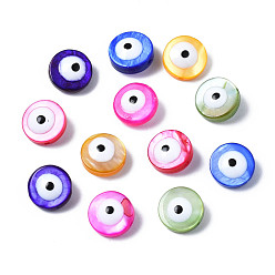 Mixed Color Natural Freshwater Shell Beads, with Enamel, Dyed, Flat Round with Evil Eye, Mixed Color, 8x3~4mm, Hole: 0.8mm