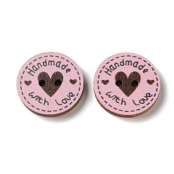 Pink 2-Hole Printed Wood Buttons, Flat Round with Heart & Word Love, Pink, 20x3mm, Hole: 2mm