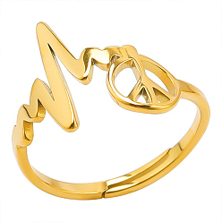 Golden Stainless Steel Peace Sign with Heart Beat Adjustable Ring for Women, Golden, Inner Diameter: 17mm