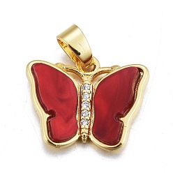 Темно-Красный Подвески из смолы, с золотистым латунным микропаве, фурнитура из фианита, бабочка, темно-красный, 14x17.5x3 мм, отверстие : 3.5x5.5 мм