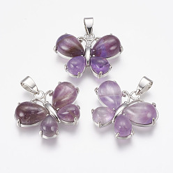 Amethyst Natural Amethyst Pendants, Butterfly, with Brass Finding, Platinum, 24x30x7.5mm, Hole: 4x7.5mm