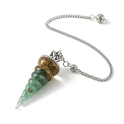 Green Aventurine Resin Dowsing Pendulum Pendants with Natural Green Aventurine Chips inside and Iron Chain & Alloy Caps, Cone Charms, 280mm, Hole: 2mm