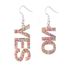 Colorful Bling Acrylic Word Fuck & Off Asymmetrical Earrings, Feminism Iron Dangle Earrings for Women, Colorful, 61x17x2.5mm and 56x17x2.5mm