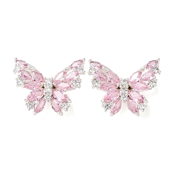 Pink Латунные микро проложить кубического циркония бусы, бабочка, платина, розовые, 19.5x23.5x6.5 мм, отверстие : 1.8 мм
