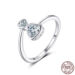 Clear 925 Sterling Silver Finger Ring, Double Heart Cubic Zirconia Cuff Ring for Women, with S925 Stamp, Clear, 1.5~10mm, US Size 8 1/2(18.5mm)