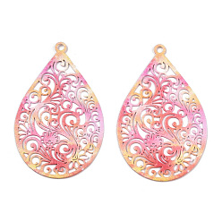 Pink Окрашены распылением 430 филигранные большие подвески из нержавеющей стали, гравированные металлические украшения, слеза, розовые, 45x28.5x0.5 мм, отверстие : 2 мм