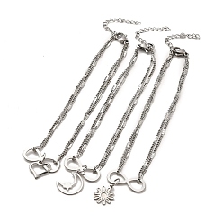 Mixed Patterns 304 Stainless Steel Charm Anklet, Curb Chains Double Layered Anklet for Women, Mixed Patterns, Pendant: 11~15x11x0.5~1mm, 8-1/4 inch(21cm)
