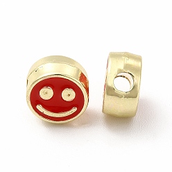 Red Rack Plating Alloy Enamel Beads, Cadmium Free & Nickel Free & Lead Free, Flat Round with Smiling Face Pattern, Light Gold, Red, 7.5x4mm, Hole: 2mm