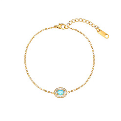 Light Sky Blue Oval Cubic Zirconia Link Bracelets, with Golden Stainless Steel Cable Chains, Light Sky Blue, 6-1/4 inch(16cm)
