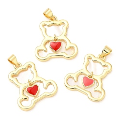 Real 18K Gold Plated Rack Plating Brass Enamel Pendants with Shell, Bear Charms with Heart, Long-Lasting Plated, Lead Free & Cadmium Free, Real 18K Gold Plated, 23x20x3mm, Hole: 4x3.5mm