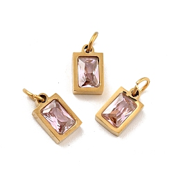 Pearl Pink Vacuum Plating 304 Stainless Steel Pendants, with Cubic Zirconia and Jump Rings, Single Stone Charms, Rectangle, Golden, Pearl Pink, 9.5x6x3mm, Hole: 3.6mm