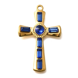 Сапфир 304 подвески из нержавеющей стали, со стразами, реальный 18 k позолоченный, ионное покрытие (ip), крестик, сапфир, 37.5x23.5x4.5 мм, отверстие : 2 мм