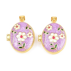 Фиолетовый Подвески латуни медальон, с эмалью, без кадмия и без свинца, реальный 18 k позолоченный, стойки покрытие, долговечный, цветок с овальными подвесками, фиолетовые, 26.5x21x9 мм, отверстие : 3x5 мм