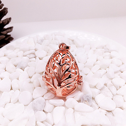 Rose Gold Brass Bead Cage Pendants, for Chime Ball Pendant Necklaces Making, Hollow, Teardrop with Tree Charm, Rose Gold