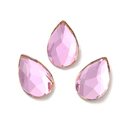 Light Rose Glass Rhinestone Cabochons, Flat Back & Back Plated, Faceted, Teardrop, Light Rose, 14x9x3.5mm