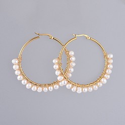Golden Hoop Earrings, with Natural Cultured Freshwater Pearl, Copper Wire, 304 Stainless Steel Hoop Earrings and Cardboard Packing Box, Golden, 55x6mm, Pin: 0.6x1mm