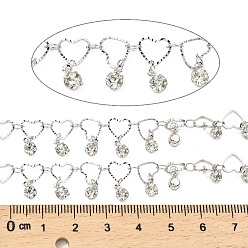 Platinum Rack Plating Brass Heart Link Chains, with Clear Glass Charms, Long-Lasting Plated, Soldered, with Spool, Platinum, Heart: 6.5x7.5x1mm, Flat Round: 6x4x3mm, about 32.81 Feet(10m)/Roll