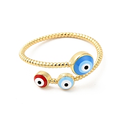 Dodger Blue Enamel Evil Eye Open Cuff Rings, Real 18K Gold Plated Brass Jewelry for Women, Cadmium Free & Nickel Free & Lead Free, Dodger Blue, US Size 7 3/4(17.9mm)