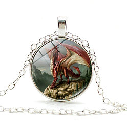 Sienna Dragon Theme Glass Round Pendant Necklace with Alloy Chains, Sienna, 20.47 inch(52cm)