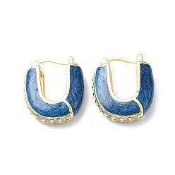 Marine Blue Enamel Half Round Hoop Earrings with Clear Cubic Zirconia, Real 18K Gold Plated Brass Jewelry for Women, Lead Free & Cadmium Free, Marine Blue, 22x18.5x6.5mm, Pin: 0.8~1.3x0.7mm