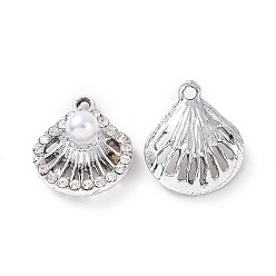 Platinum Alloy Crystal Rhinestone Pendants, with ABS Plastic Imitation Pearl, Shell Charms, Platinum, 17x14.5x6mm, Hole: 1.6mm