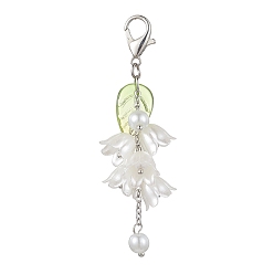 Beige Acrylic Pendant Decorations, with Glass Imitation Pearl Beads and Alloy Lobster Claw Clasps, Flower with Leaf, Beige, 70mm