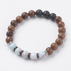 Shoushan Stone Natural Lava Rock & Wenge Wood Beads & Coconut Stretch Bracelets, with Natural Shoushan Stone/Larderite and Alloy Findings, 2 inch(5~5.2cm)
