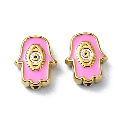 Hot Pink Ion Plating(IP) 304 Stainless Steel Enamel Beads, Real 18K Gold Plated, Hamsa Hand with Eye, Hot Pink, 9x12x3.5mm, Hole: 1.2mm