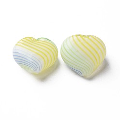 Yellow Handmade Blown Glass Globe Beads, Stripe Pattern, Heart, Yellow, 19.5~20.5x20~23x11~14mm, Hole: 1.4~1.6mm