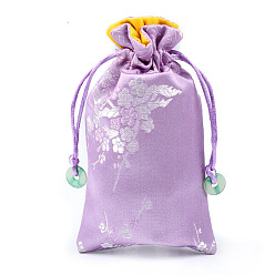 Plum Chinese Style Silk Drawstring Jewelry Gift Bags, Jewelry Storage Pouches for Cell Phone, Rectangle with Plum Bossom Flower Pattern, Plum, 15x9cm