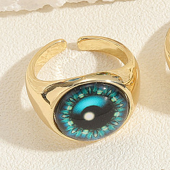 Turquoise Resin Devil's Eye Cuff Rings, Adjustable Rings, Real 14K Gold Plated Brass Evil Eye Ring for Men Women, Turquoise, 20x16mm