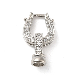 Platinum Rack Plating Brass Micro Pave Clear Cubic Zirconia U-Shaped Fold Over Clasps, Cadmium Free & Lead Free, Long-Lasting Plated, Platinum, U-shaped: 14.5x13x3.5mm, Hole: 8.5x7mm, Clasps: 13.5x8x8mm, Hole: 4mm