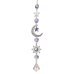Lilac Glass Pendant Decorations, With Alloy Finding, Star with Moon, Lilac, 300mm