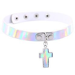 White and Colored Minimalist Cross Necklace with Glowing Laser Leather Collar for Fashionable Look