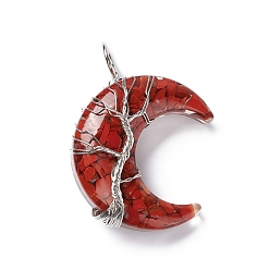Red Jasper Natural Red Jasper Chips & Transparent Resin Big Pendants, Moon Charms, with Platinum Tone Brass Wire Wrapped, Cadmium Free & Lead Free, 52~53x36~37x14~16mm, Hole: 8mm