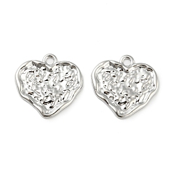 Real Platinum Plated Brass Pendants, Textured Heart Charms, Real Platinum Plated, 17.5x18x1mm, Hole: 1.5mm