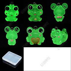 Mixed Shapes 24Pcs 6 Styles Luminous Frog Resin Pendants, Glow in the Dark Charms with Stainless Steel Color Plated 304 Stainless Steel Loops, Lime Green, Mixed Shapes, 18~28x16~21x16~24.5mm, Hole: 2mm, 4pcs/style