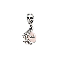 Rose Quartz Halloween Skull Natural Rose Quartz Alloy Pendants, Skeleton Hand Charms with Gems Sphere Ball, Antique Silver, 43x19mm