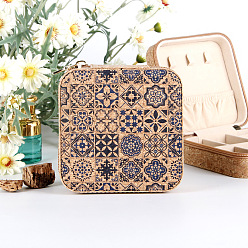 Square Ethnic Portable Printed Square Cork Wood Jewelry Packaging Zipper Box for Necklaces Earrings Storage, Square, 12x12x5cm