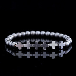 Черный Цвет Металла Браслеты из бусин из алюминиевого и магниевого сплава для мужчин и женщин, крест и круглый, металлический черный , внутренний диаметр: 7-1/4 дюйм (18.5 см)