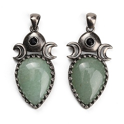 Green Aventurine Natural Green Aventurine Pendants, Brass Rhinestone Triple Moon Teardrop Bezeled Charms, Antique Silver, 44x24x7mm, Hole: 5x5mm