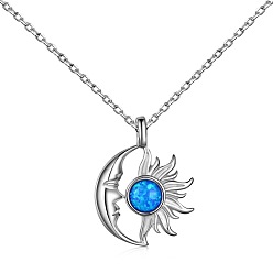 Real Platinum Plated Moon & Sun Rhodium Plated 925 Sterling Silver Pendant Necklaces, with Synthetic Opal, Real Platinum Plated, 15.87 inch(40.3cm)