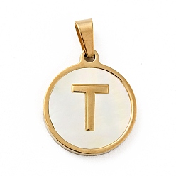 Letter T Vacuum Plating 304 Stainless Steel with White Shell Pendants, Golden, Flat Round with Letter Charm, Letter.T, 18x16x1.5mm, Hole: 3x6mm