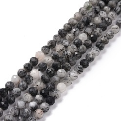 Autres Quartzs Quartz naturel tourmaliné / perles de quartz rutile noires, facette, ronde, 4~4.5mm, Trou: 0.8mm, Environ 96 pcs/chapelet, 15.91'' (40.4 cm)