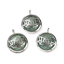 Green Aventurine Natural Green Aventurine Locket Pendants, Flat Round Charms, with Platinum Plated Brass Lotus Findings, 31.5x27x9mm, Hole: 4.6mm